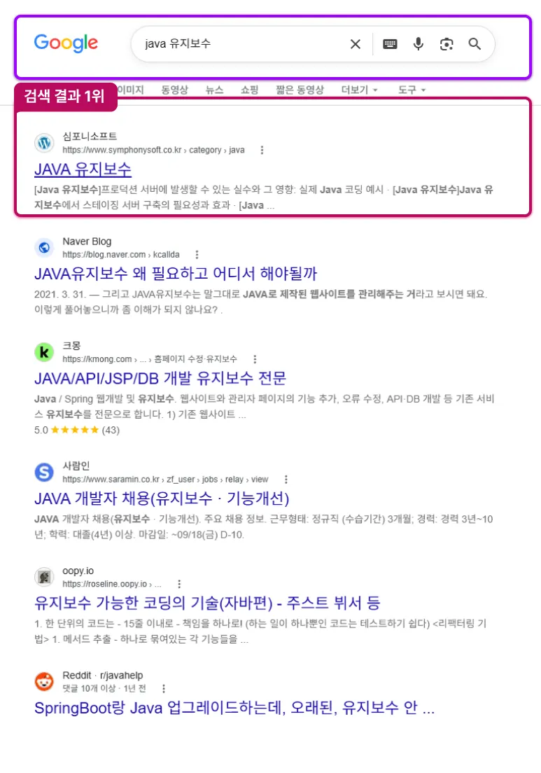 구글에서 'java유지보수' 검색시 상위 노출 이미지