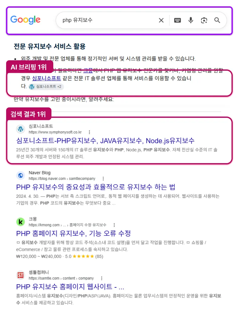 구글에서 'php유지보수' 검색시 상위 노출 이미지